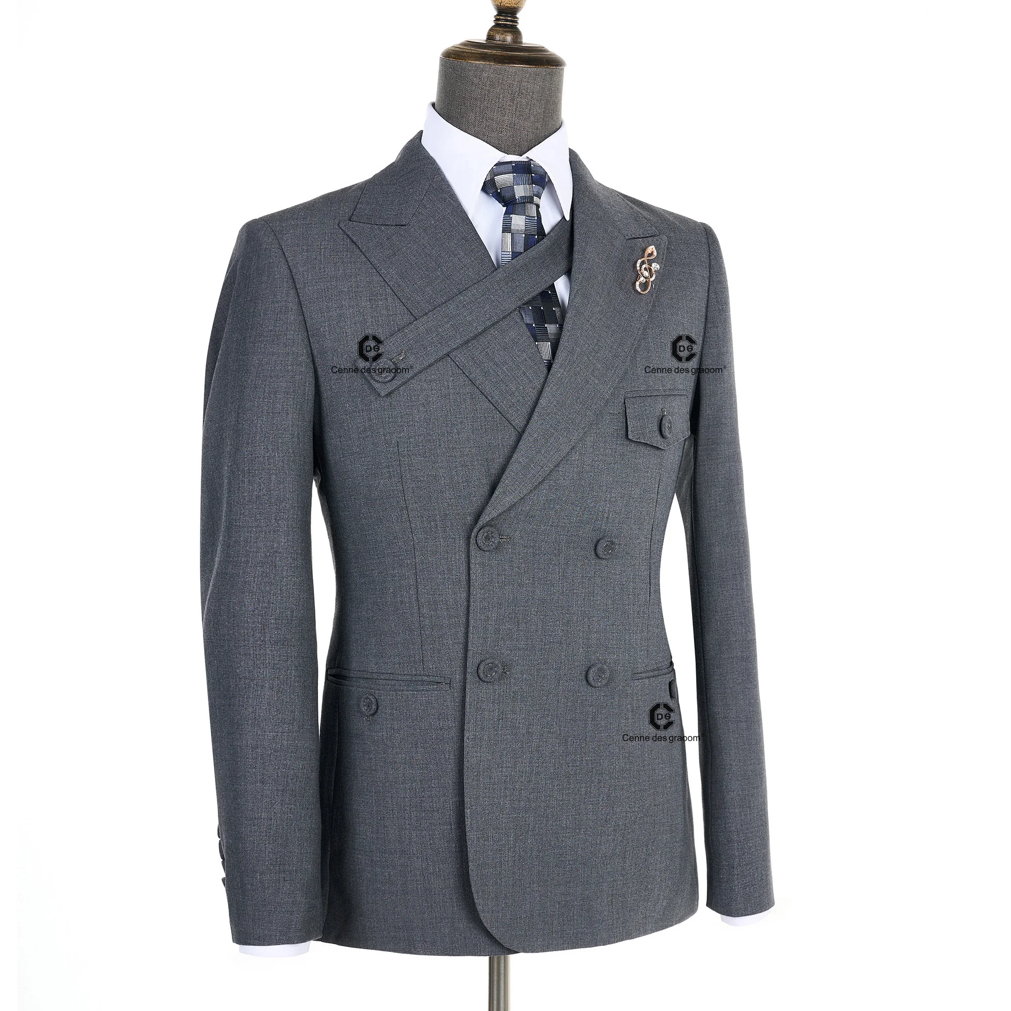 Cenne Des Graoom 2024 New Elegant Grey Suits for Men Double Breasted Hand Sewn Buttons 2 Pieces Set High Quality Wedding Party