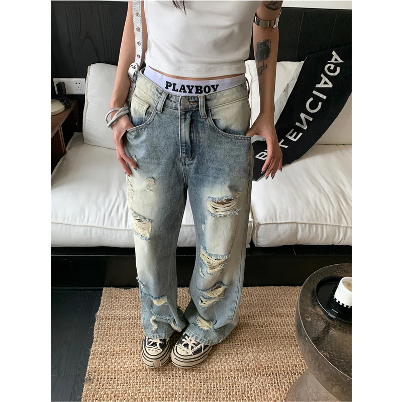 

Summer Womens Ripped Jeans High Waist Baggy Casual Vintage Y2K Design Sense Straight Pants Street American Wide Leg Denim Trouse