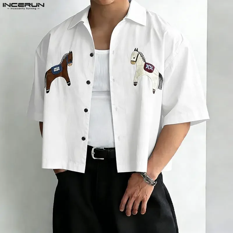 

INCERUN Men's Shirt Printing Lapel Short Sleeve Button Men Clothes Summer Streetwear Loose 2026 Fashion Casual Crop Tops For Man