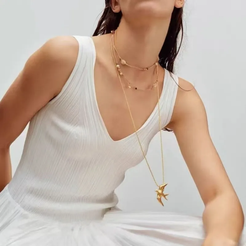 

Casual Vacation Style Braided Rope Necklace, Natural Stone Beads Stacked Sweater Chain, High-end Temperament Fashion Necklace