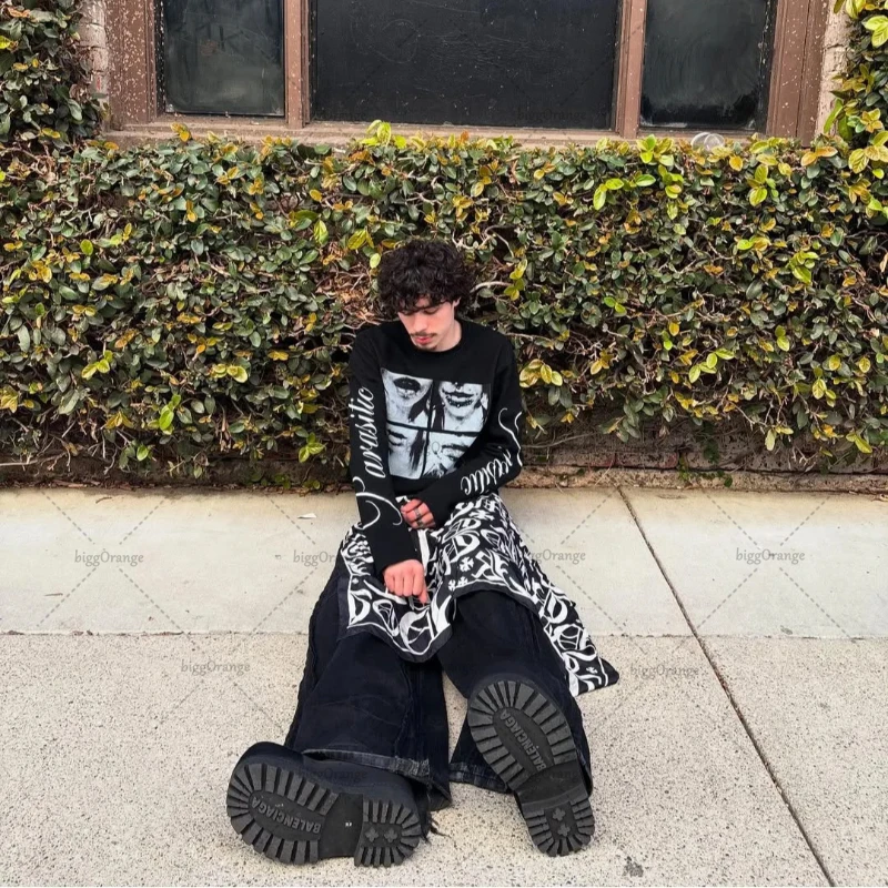 

Dark Gothic High Harajuku Oversized T-shirt Men Y2K Cartoon Print Harajuku Hip Hop Loose Cotton Round Neck Top Women Streetwear