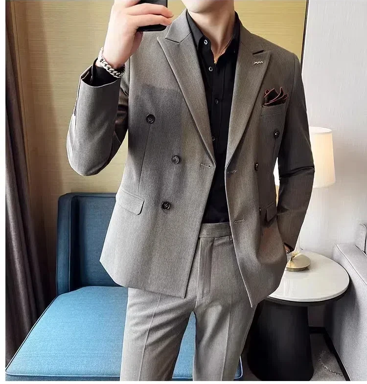 J-6093 Suit suit men\'s striped double breasted slim fit jacket, stylish business casual suit, youth fashion wedding dress