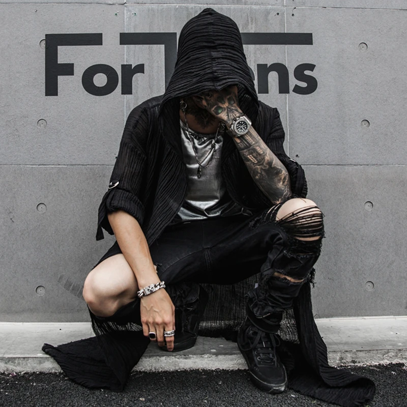 Punk rock hip hop black long shirt hooded cloak cardigan men linen