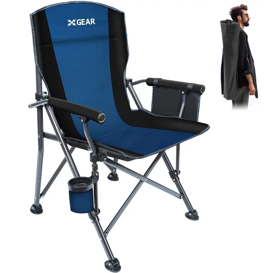 

Camping Chair with Padded Hard Armrest, Sturdy Folding Camp Chair with Cup Holder, Storage Pockets Carry Bag Included, Support