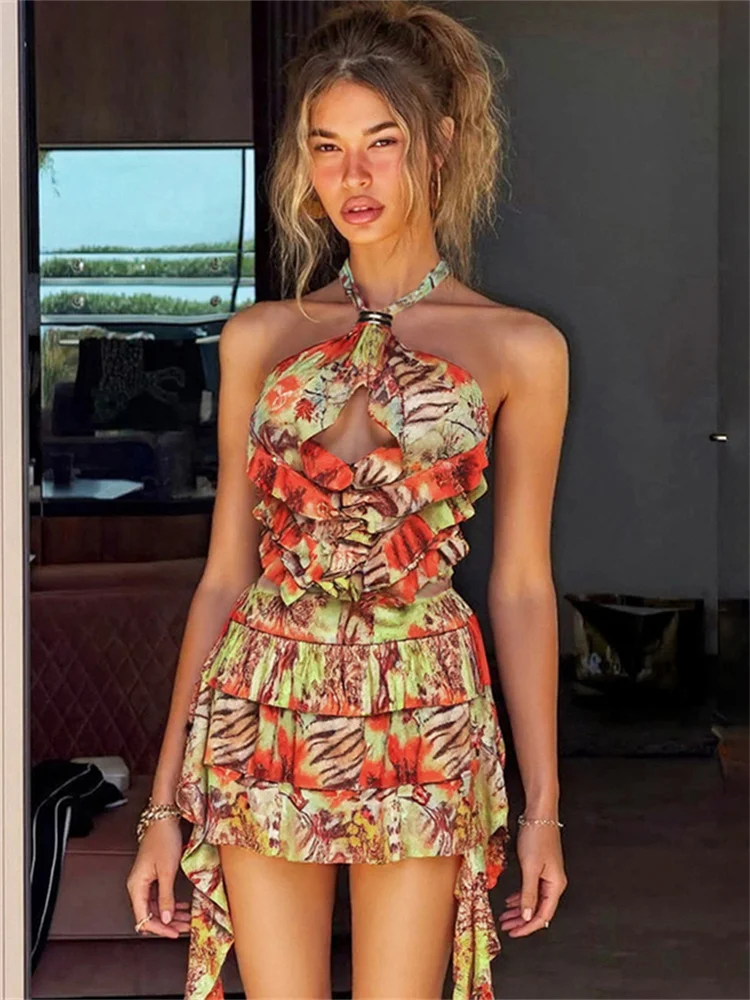 Vestido oco em camadas feminino, halter cruzado, estampa colorida, borla irregular, anéis de metal, costas nuas, férias de verão, bodycon