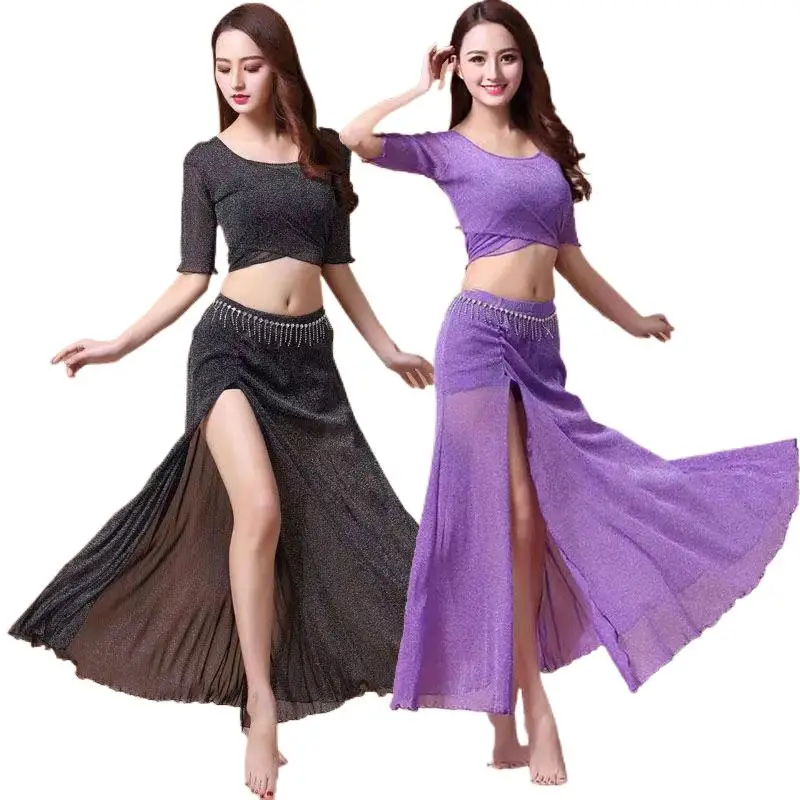 2PCS Belly Dance Korean Lesson Class Suit Women Top Long Skirt Practice Dancing Training Outfit Yoga Dancewear Group Uniform