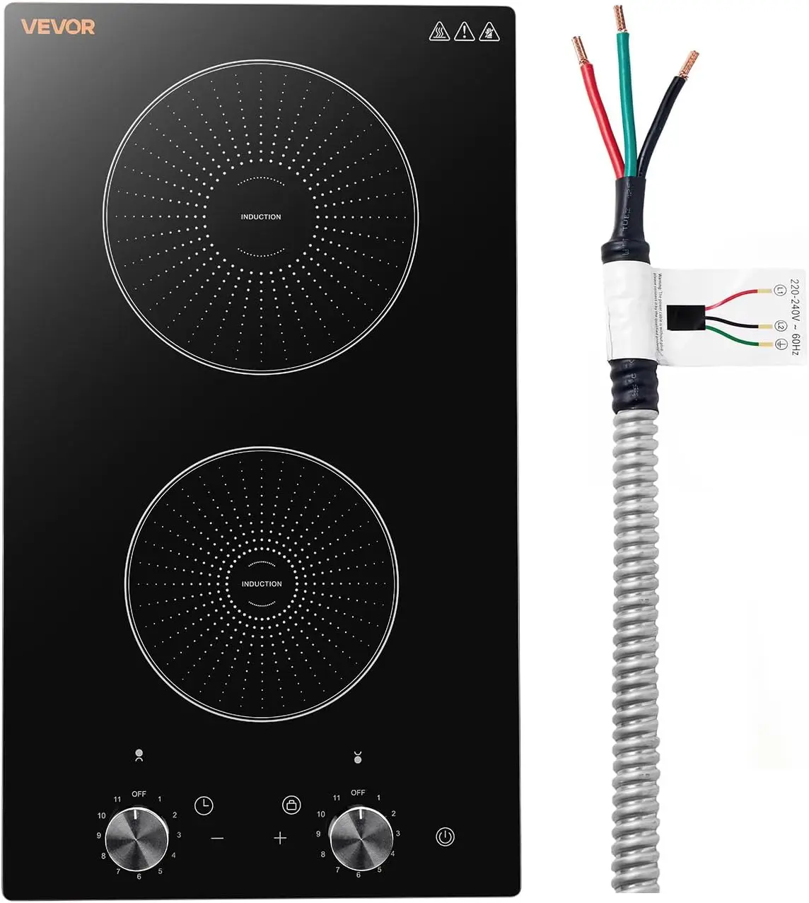 Induction Cooktop 12inch 2 Burners Built-in Electric Stove 220V 3500W, Induction Burner for Kitchen, with 11 Power Levels, Knob