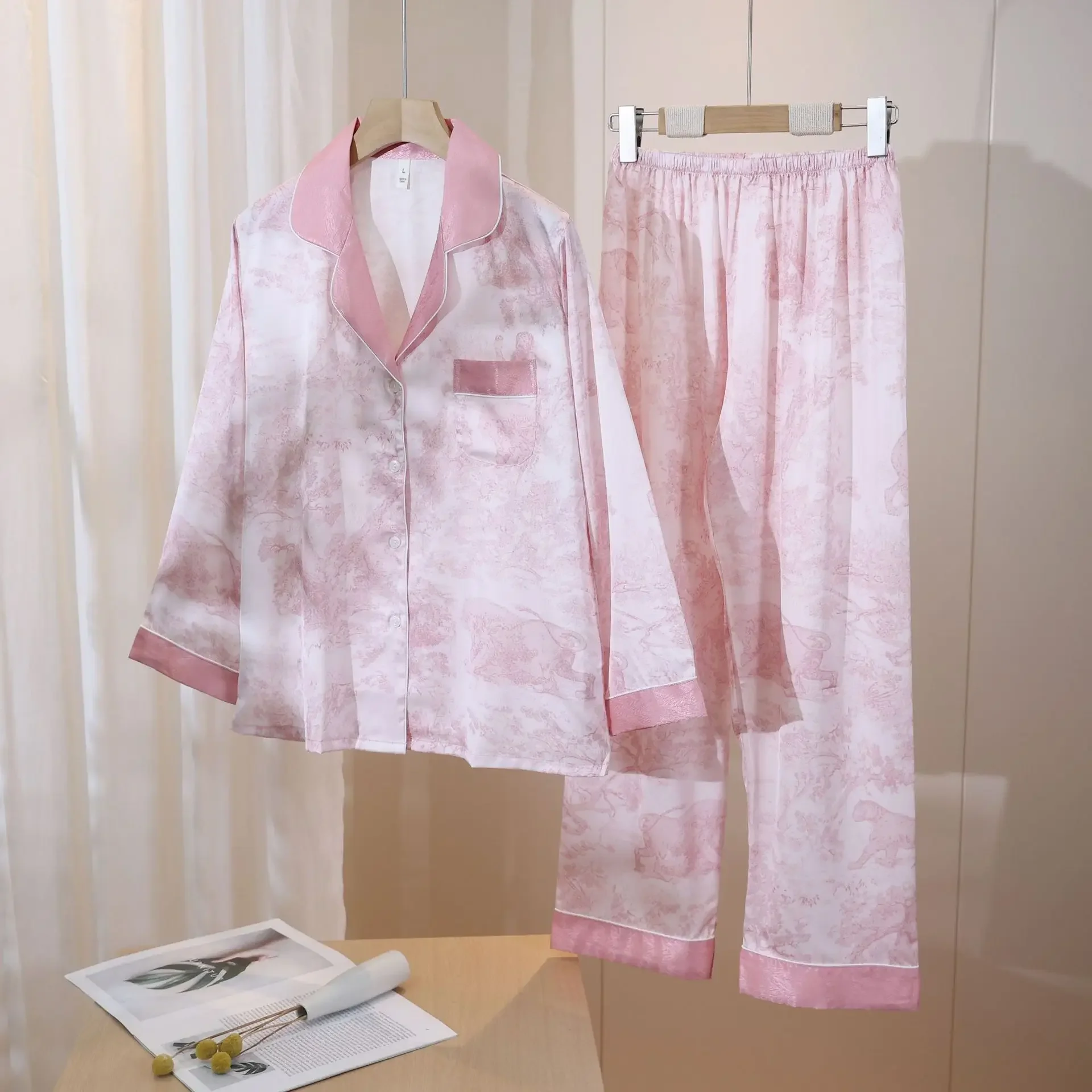 

Модный пижамный комплект из 2 предметов с цветочным принтом, женская одежда для сна, весна-лето, брючные костюмы, одежда для дома, свободная атласная домашняя одежда, пижамный костюм