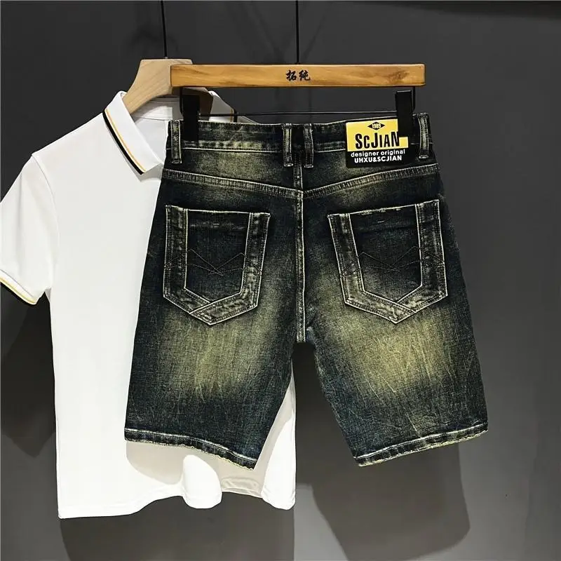 Shorts jeans até o joelho masculino, jeans vintage, calça de vaqueiro, marca high-end, casual, amarelo, luxo, streetwear, tingido com lama