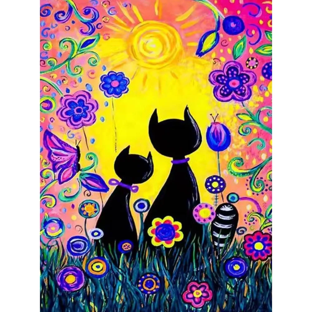 1PCS DIY Whimsical Black Cat in Cosmic Starry Sky Diamond Painting Kit, Floral and Van Gogh-Inspired Pattern, Wall Decor Gift