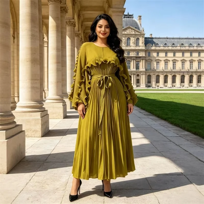 ANLAN New Miyaki Women Olive Green Pleated Maxi Dress Round Neck Ruffle Trim Self Tie Waist Long Flowy Pleated Gown 2AN1763