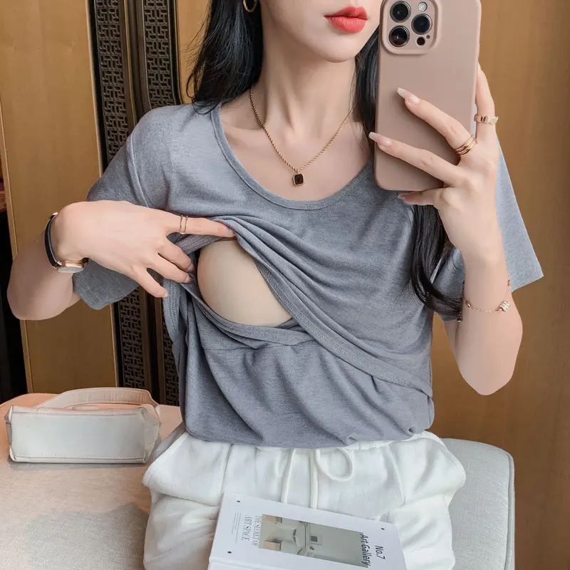 

New Casual Cotton Maternity Nursing Tees Breastfeeding T Shirts for Pregnant Women Summer Pregnancy Solid Plain Lacation Tops