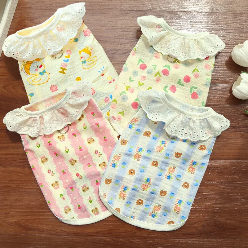 

Breathable Puppy Pullover Thin Dog Cat Clothes Pet Summer Home Clothing Teddy Cartoon Two-legged Vest with Traction Buckle