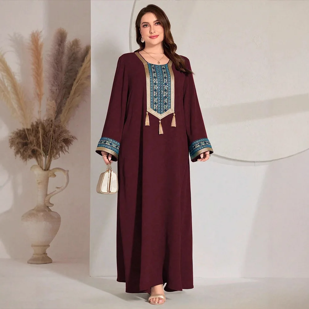 حجم كبير قفطان شرابة التطريز عباية دبي عيد رمضان المرأة فستان مسلم ملابس إسلامية رداء عربي قفطان المغرب فيستدوس
