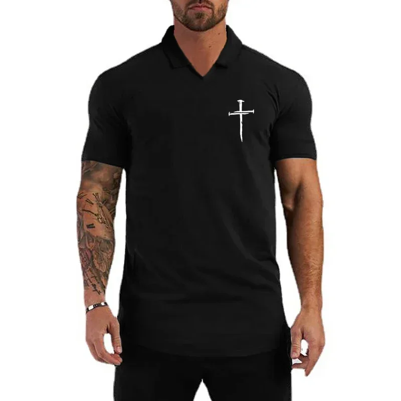 Personalized Cross Print Mens Casual Short Sleeve Polos Summer Cotton Slim Fit Sport Shirts Gym Bodybuilding Fitness Polo Shirts