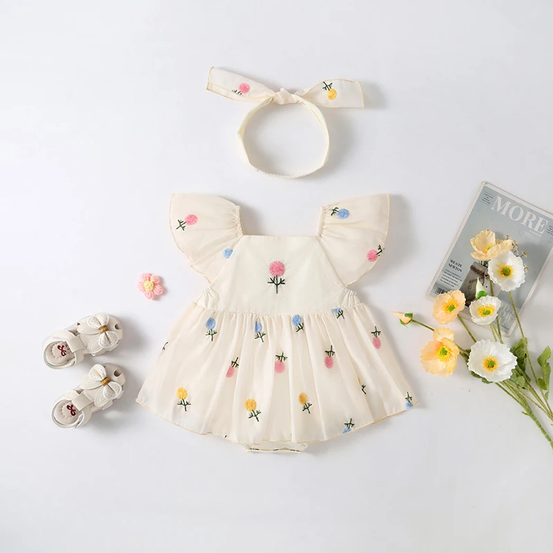 Summer New Baby set Dress Girl Baby Short Sleeve Dress with Headband Girl Flower Bubble Sleeve Clothes Sweet Bowknot Loose Cute