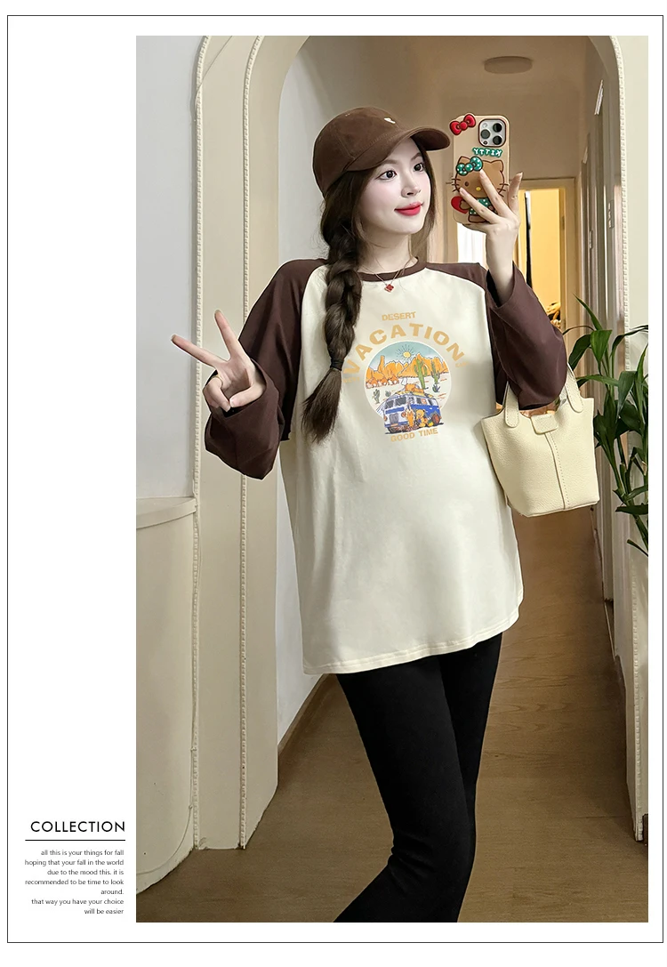 Korean Style Batwing Sleeve Maternity Cotton Shirts Long Sleeve O-Neck Pregnant Woman Blouses Irregular T-Shirts Tees and Tops