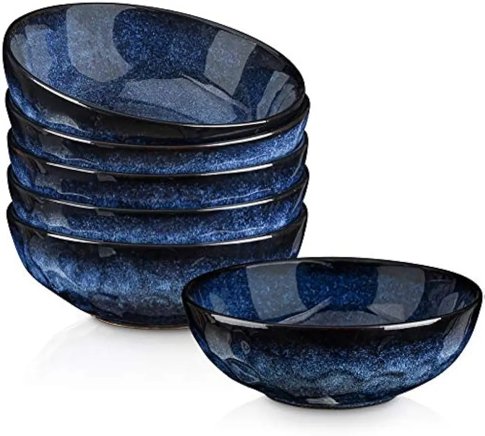 

Ceramic Salad Bowls Set of 6, 32 Ounce Large Fluted Stoneware, Chip Resistant and Dishwasher Microwave Safe in Blue