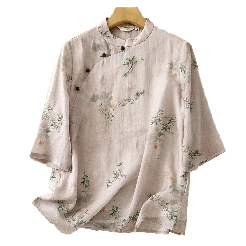 Neue chinesische Sle Damen irt Lingling Button Flachs Sommer Eleganz modifizierte Hanfu Top Five Sve National Sle Small ir...