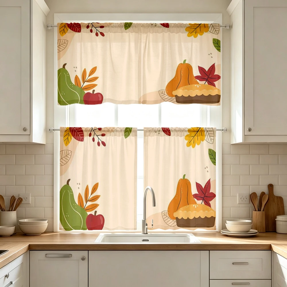 Thanksgiving Fall Kitchen Curtains, Pear Apple Pie Pumpkin, Digital Print, Kitchen Dining Room, Rod Pocket Polyester, Home Decor