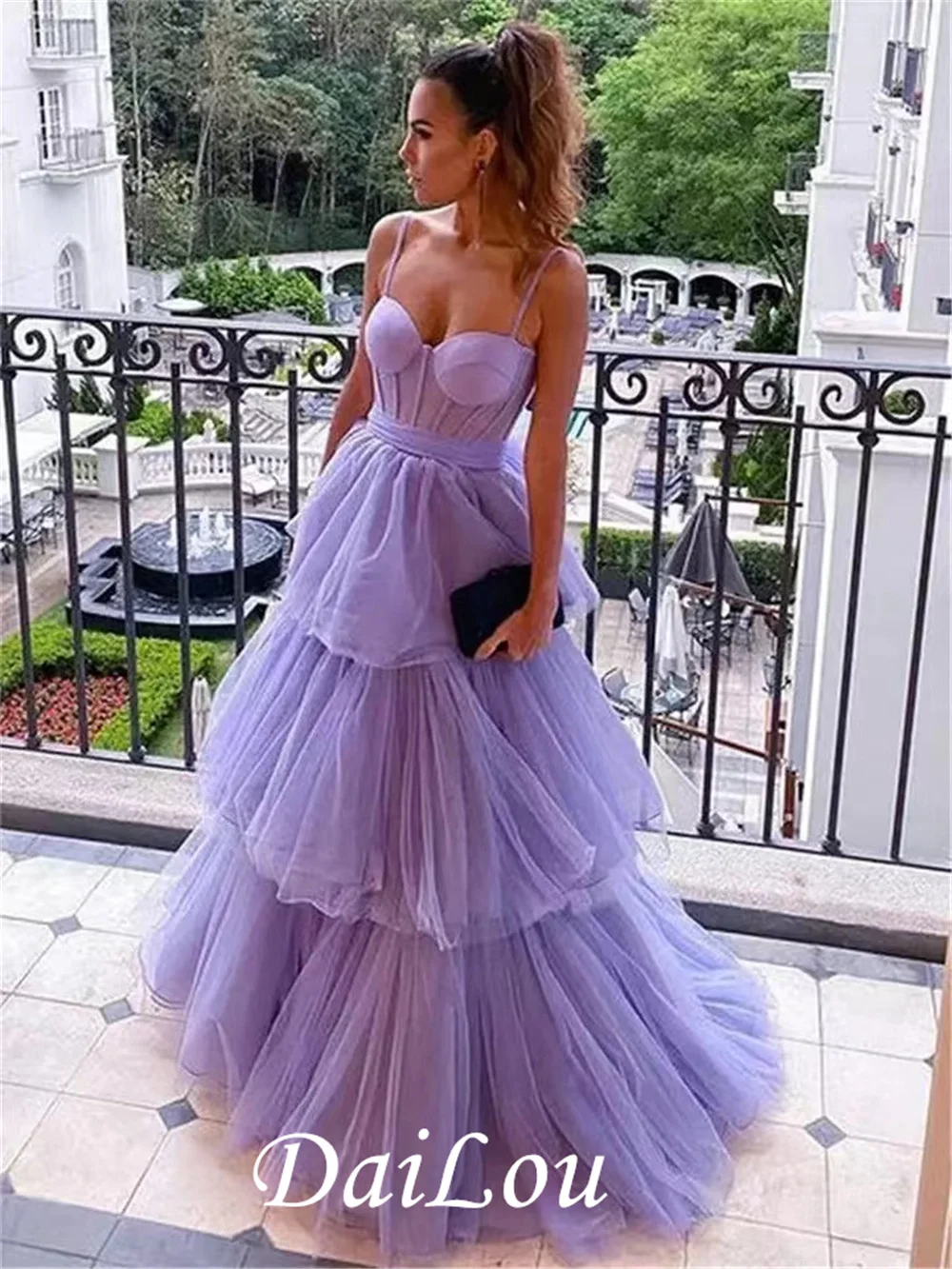 

A Line Lavender Tulle Prom Dresses Layered Skirt Evening Gowns Spaghetti Straps Bow Sash Women Formal Party Dress