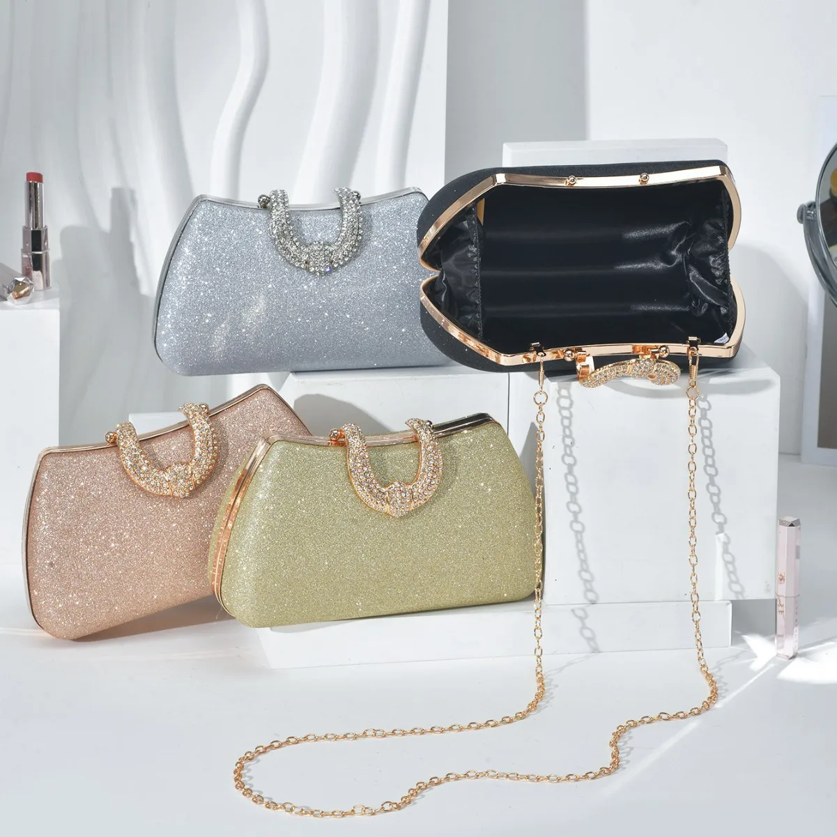 Niche bright diamond cosmetic bag women's versatile fashion chain box bag high-end messenger dinner bag