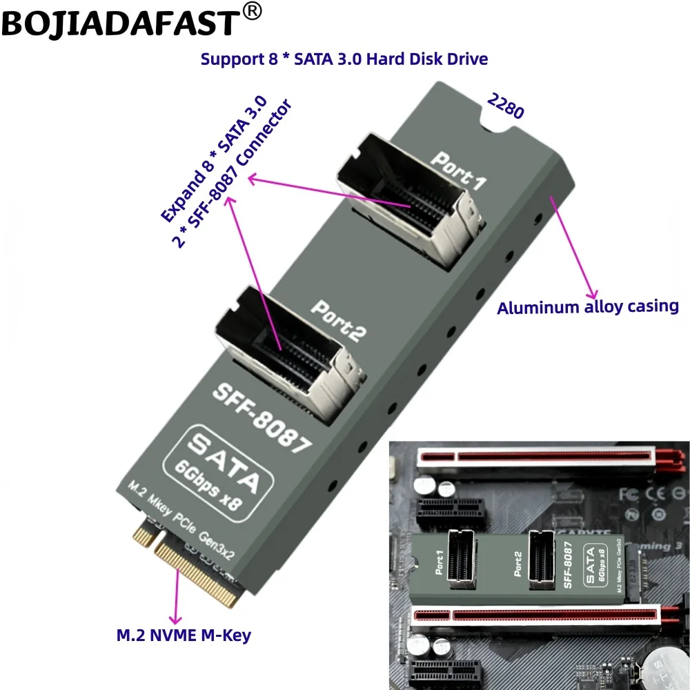 2 Ports Mini SAS SFF-8087 Connector to M.2 NVME M-Key Interface Adapter Expansion Riser Card Support 8 SATA 3.0 Hard Disk Drive