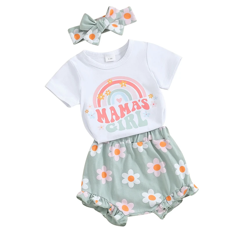 

Baby Girl Summer Clothes Mama s Girl Short Sleeve Romper Floral Ruffle Shorts with Headband 3Pcs Set