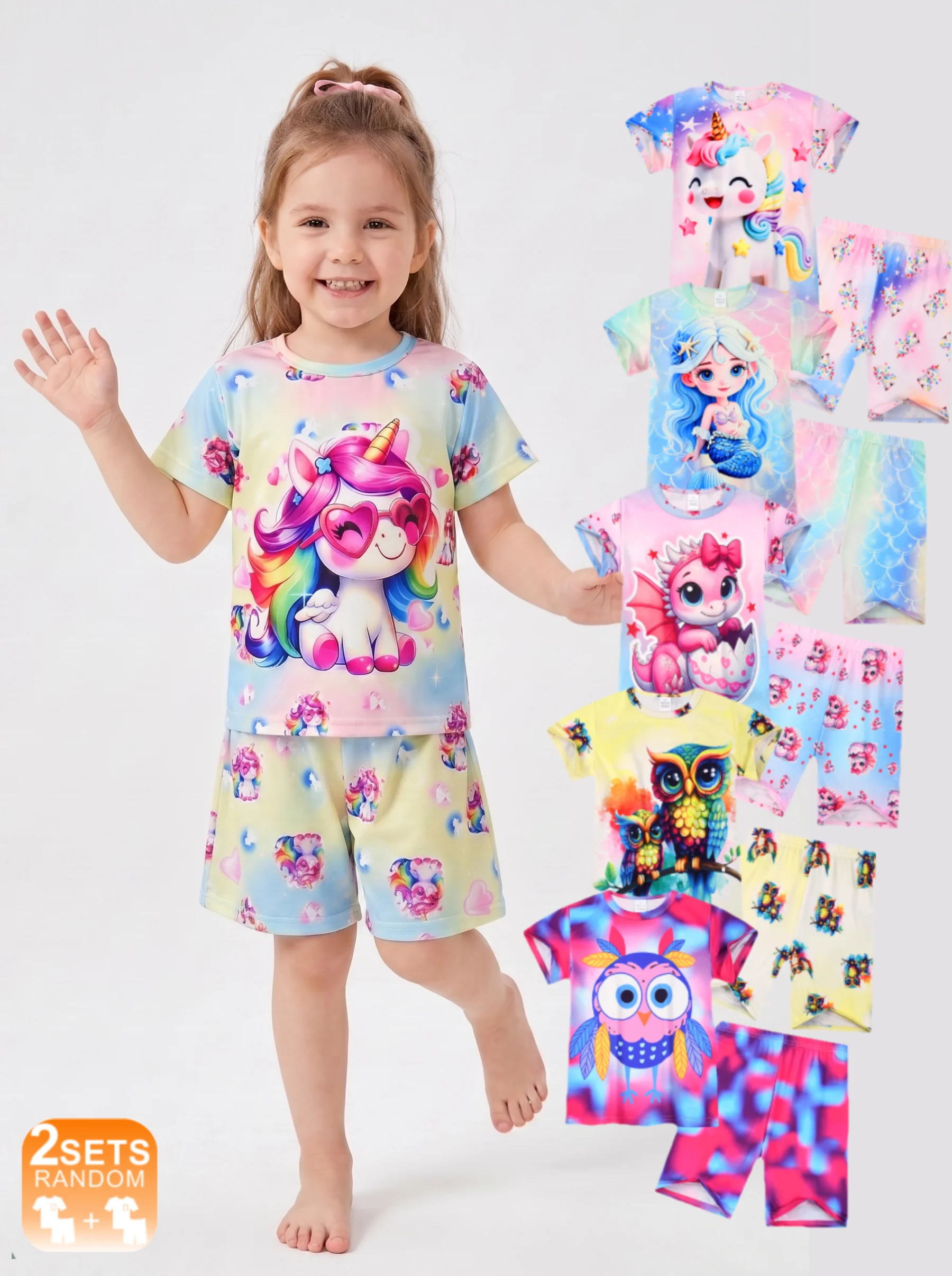 2 Random Sets Girls Pajamas, Breathable & Skin-Friendly, Colorful Unicorn & Mermaid Print, Kids Short Sleeve & Shorts Loungewear