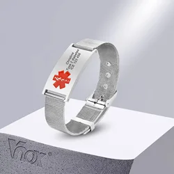 Vnox 10mm/16mm Medical Alert ID Bracelets, Men Women Mesh Band Bracelet, Free Engrave SOS Emergency Contact Bangle