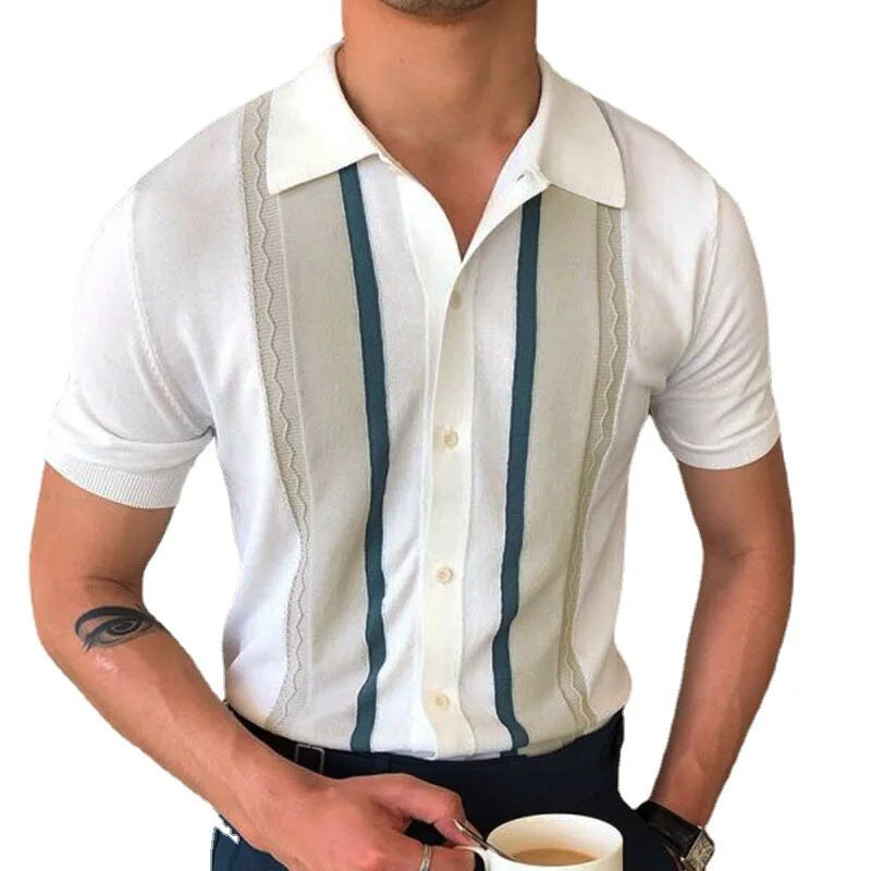 Mens Retro Business Polo Shirt Stripe Pattern Luxury Short Sleeve Casual Knitted Golf Wear 2024 Spring And Summer New Style