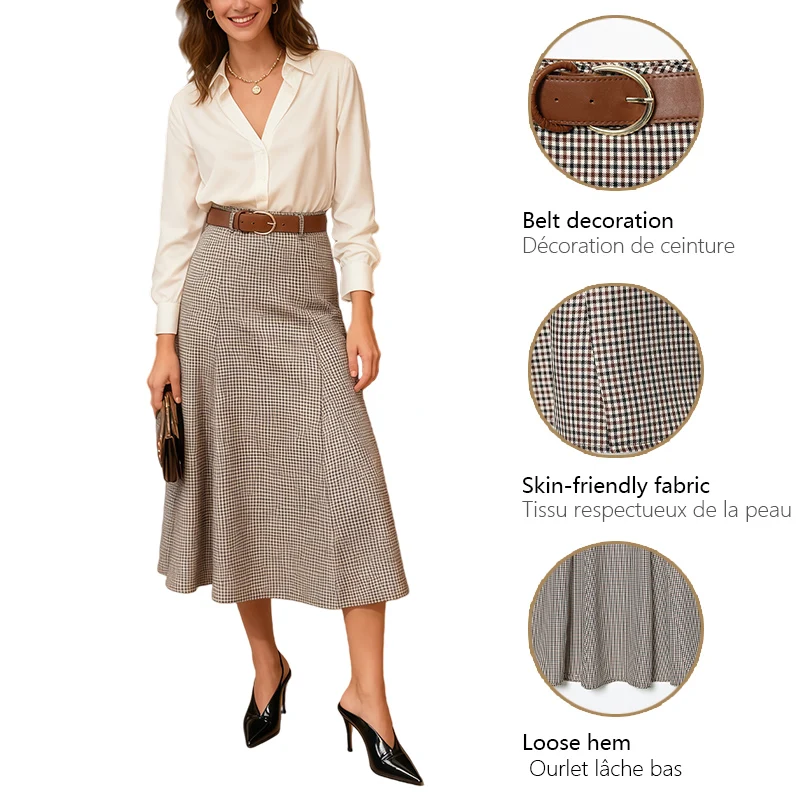 レトロな千鳥格子柄ロングスカート、ベルト付き、ハイウエスト、Aラインスカート、優しくエレガントなスタイル、秋冬レディースファッションアイテム