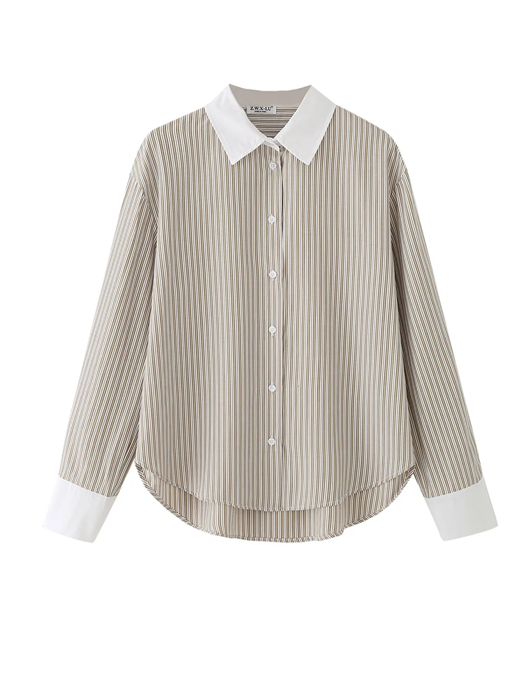 

Women Khaki Striped Long Sleeve Shirts Spring Autumn Casual Tops Blouses