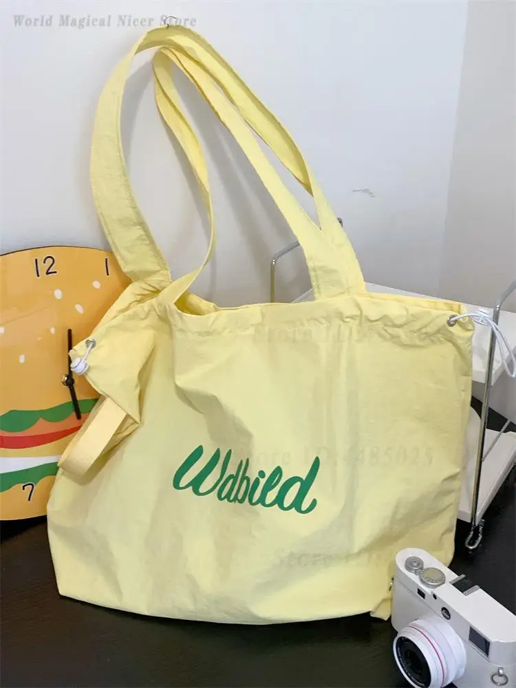Women New Drawstring Canvas Tote Bag Large Capacity Single Shoulder Handbag Lightweight Commuter Casual Ladies Daily