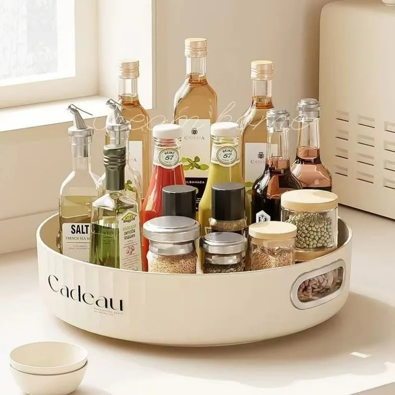 Rotatable Round Tray Countertop 360 Degree Rotating Spice Tray Countertop Organizer for Salt Soy Sauce Bottles Kitchen Storage