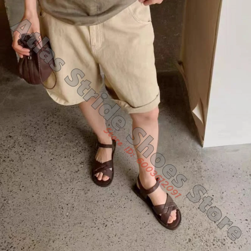 Women Cross Strap Flat Sandals Open Toe Ankle Buckle Strap Vintage Faux Leather Light Weight Casual Summer Daily Beach