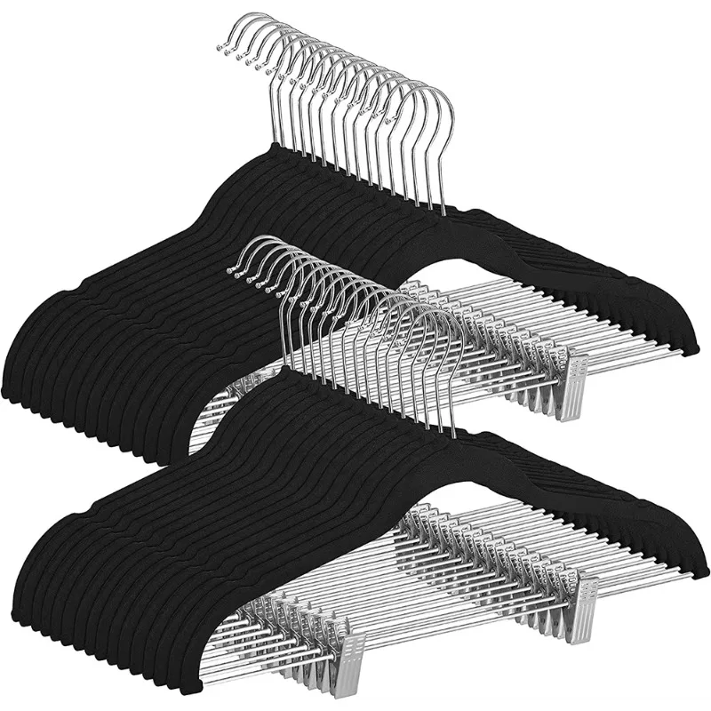 

5pcs Velvet Skirt Pants Hangers with Notches Space Saving Heavy Duty Non Slip Black Velvet Hanger with 360 Degrees Swivel Hook