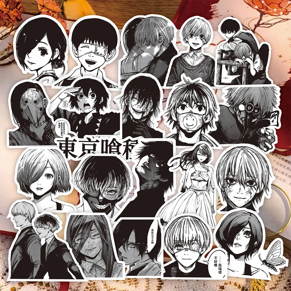 10/30/70 قطعة أسود أبيض طوكيو الغول الكرتون ملصقات كول Kaneki كين أنيمي الشارات DIY بها بنفسك الغيتار المحمول الهاتف ملصق مضاد للمياه لعبة