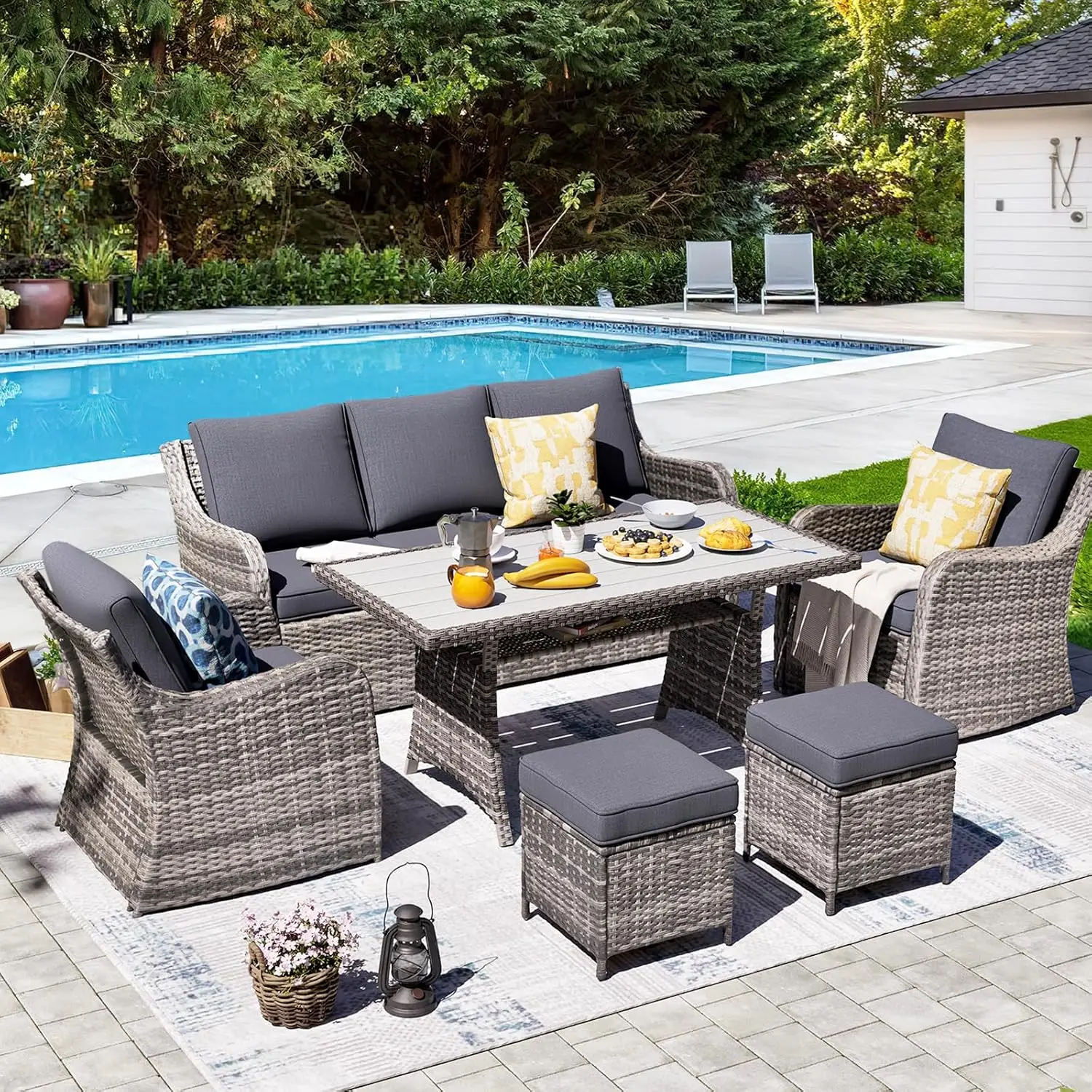 

7 Piece Patio Furniture Set Swivel Chairs Wicker Conversation Outdoor Dining Table Sofa Ottomans Grey, Custom