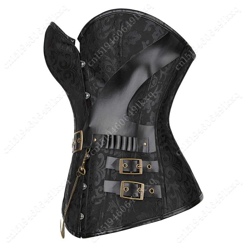 Top Bustier Jacquard preto para mulheres, espartilho de couro sintético Steampunk, espartilho gótico Overbust vintage, cadeia marrom