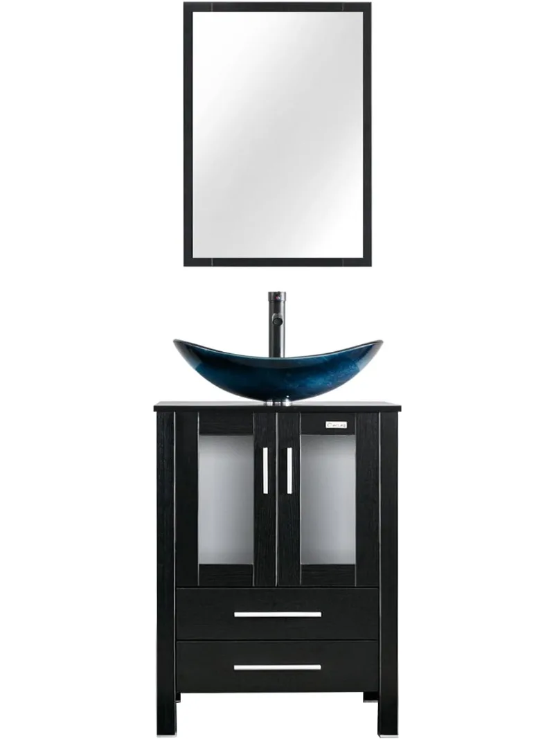 

24" Modern Bathroom Vanity Sink Combo Black Stand Cabinet Blue Boat Tempered Glass Vessel Sink & ORB Water Save Faucet