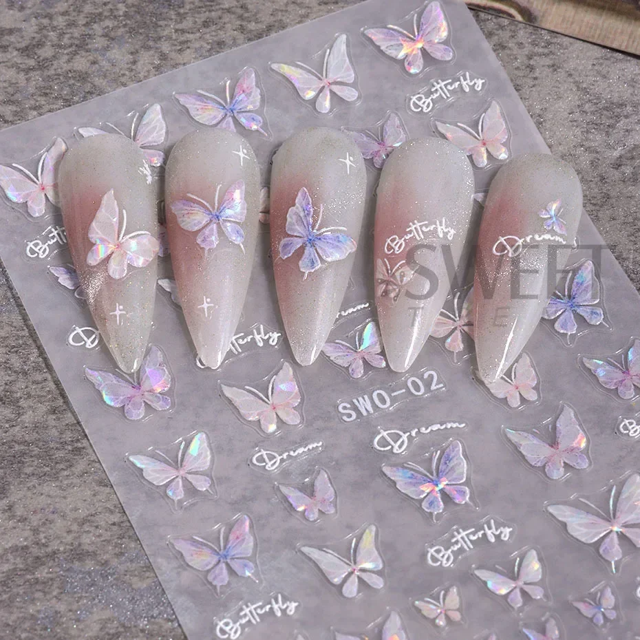 Aurora Shell Butterfly Nail Sticker Shimmer Iridescent Fairy Butterfly Tulip Adhesive Decal Textured Slider Charm Manicure Decor