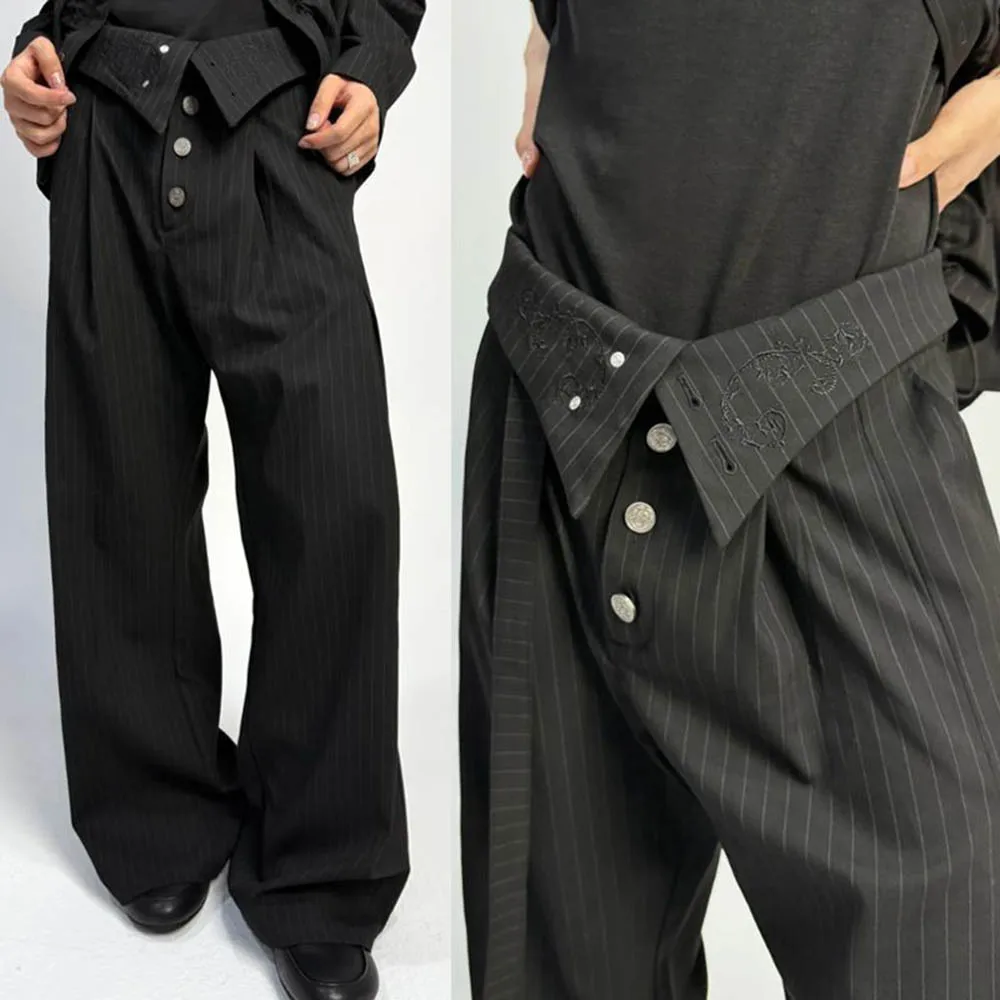 

Мужские осенние брюки в сложенном виде, повседневные брюки на пуговицах с вышивкой Y2k, уличная одежда, модные полосатые слегка расклешенные брюки, мужская одежда