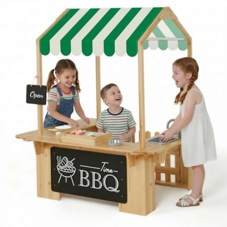 

Outdoor playhouse for kids, wood-effect plastic, gray and teal, weather-resistant and easy-assembly role-play set for toddlers