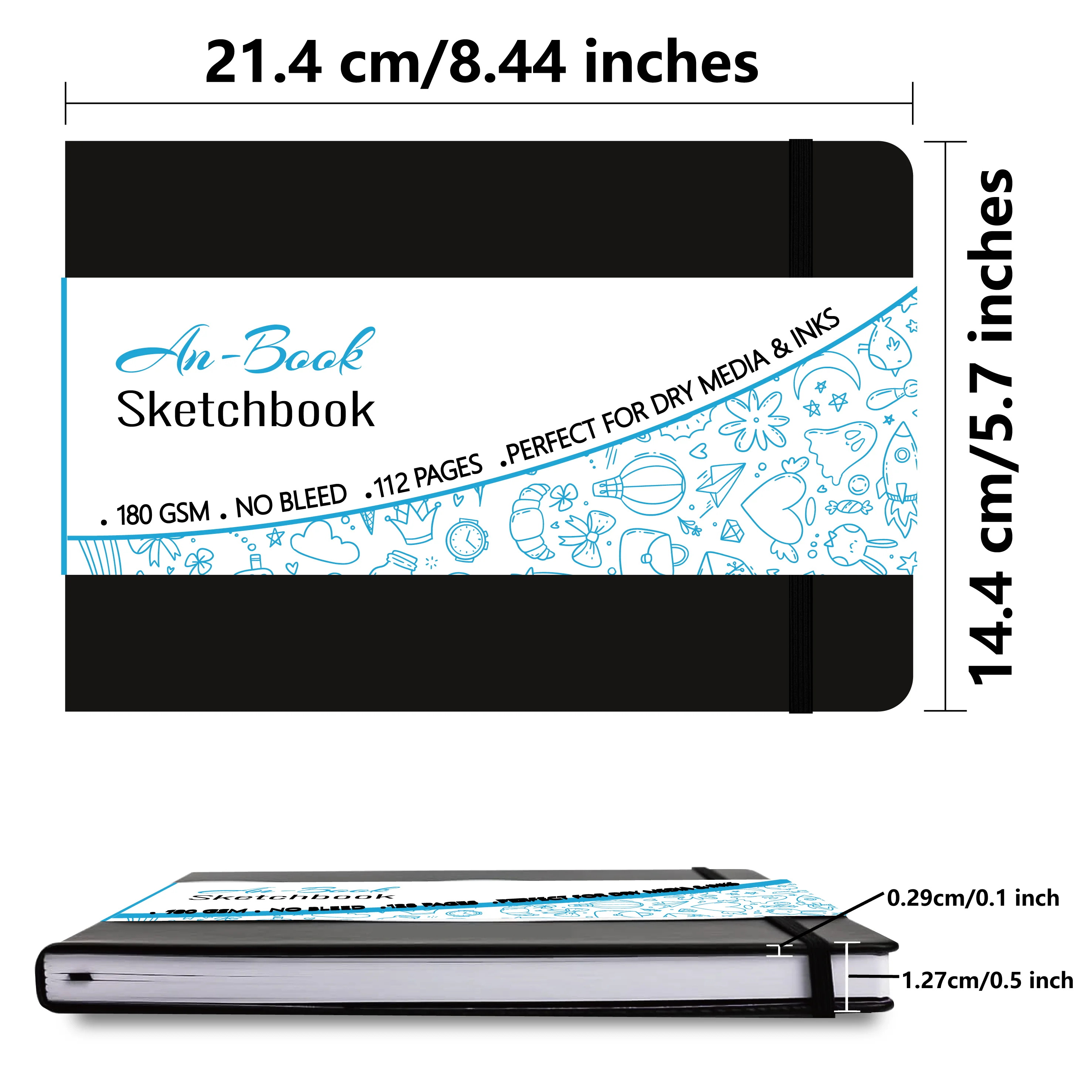 BUKE Medium A5-Landschafts-Hardcover-Skizzenbuch (schwarz) – 112 Seiten aus 180 g/m2 weißem Papier – Detail 1