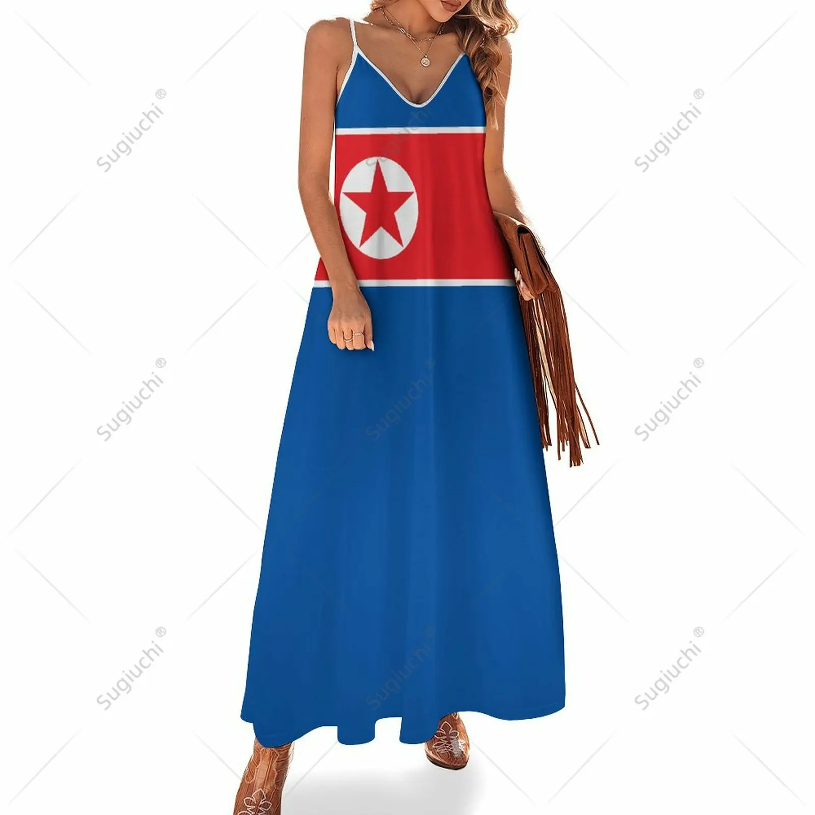 Long Dresses Dress North Korea Flag Print New Casual Sleeveless Women's V-Neck Printed Dress Swing Retro Dresses