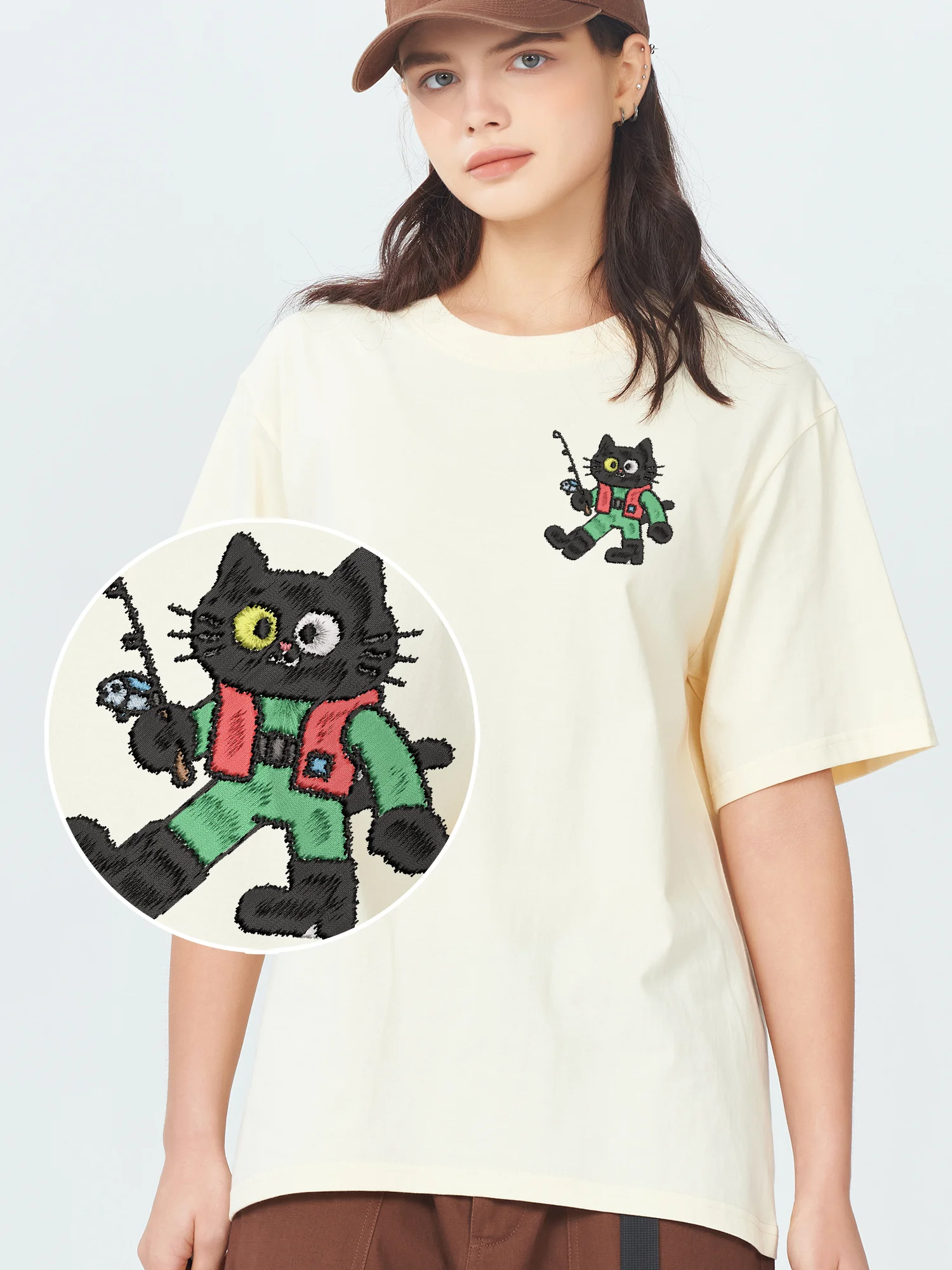 

Go Fishing Cat Embroidered Tshirts Oversized Streetwear Clothing Funny Graphic Embroidery Tee Unisex Trendy Clothes​