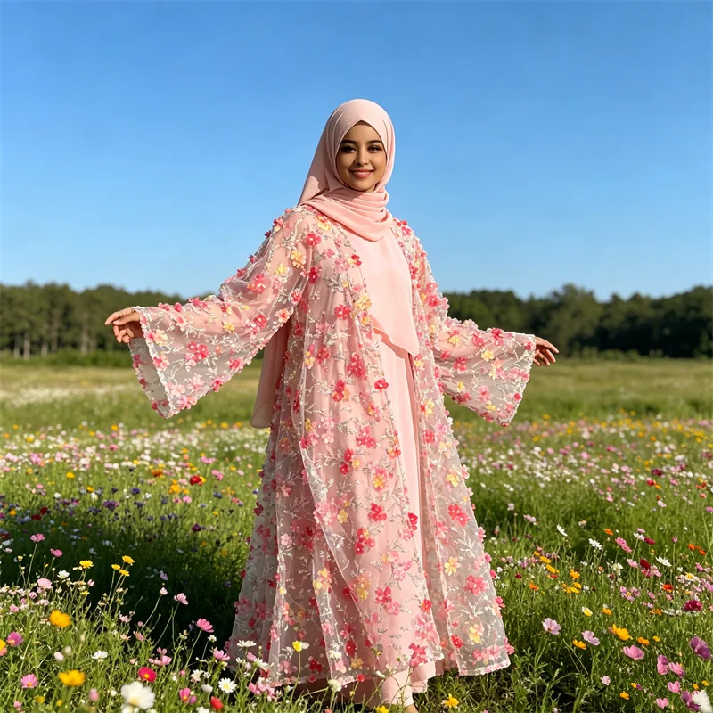 

Luxury Floral Embroidery Lace Abaya 3 Pieces Set Modest Women Muslim Dress with Inner Hijab Jalabiya Kimono Cardigan Kaftan Robe