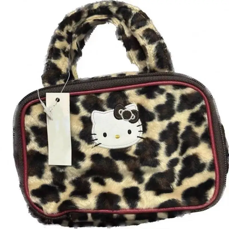 Anime Sanrio Hello Kitty Borsa per trucco con stampa leopardata Cerniera Organizzatore cosmetico Custodia per trucco per ragazza all'aperto ad alta capacità