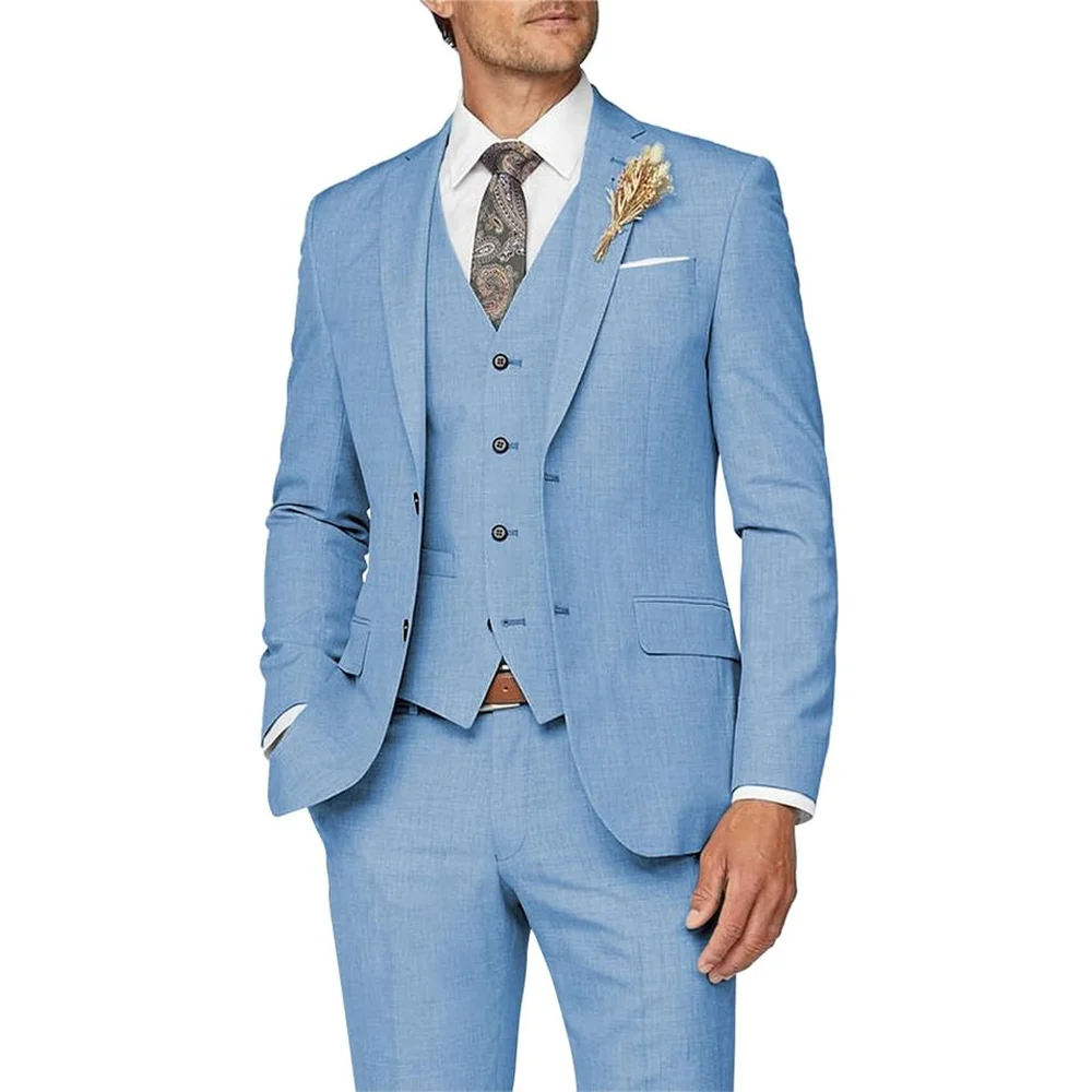 

Men Suits 3 Piecs Jacket Pants Vest Linen Blue Slim Fit Formal Suits Wedding Groom Prom Dinner Party Suits